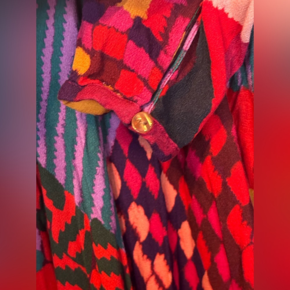 Farm Rio Red Abstract Patches Maxi Dress V Neck Collar Long Sleeve Size Small - Picture 7 of 7